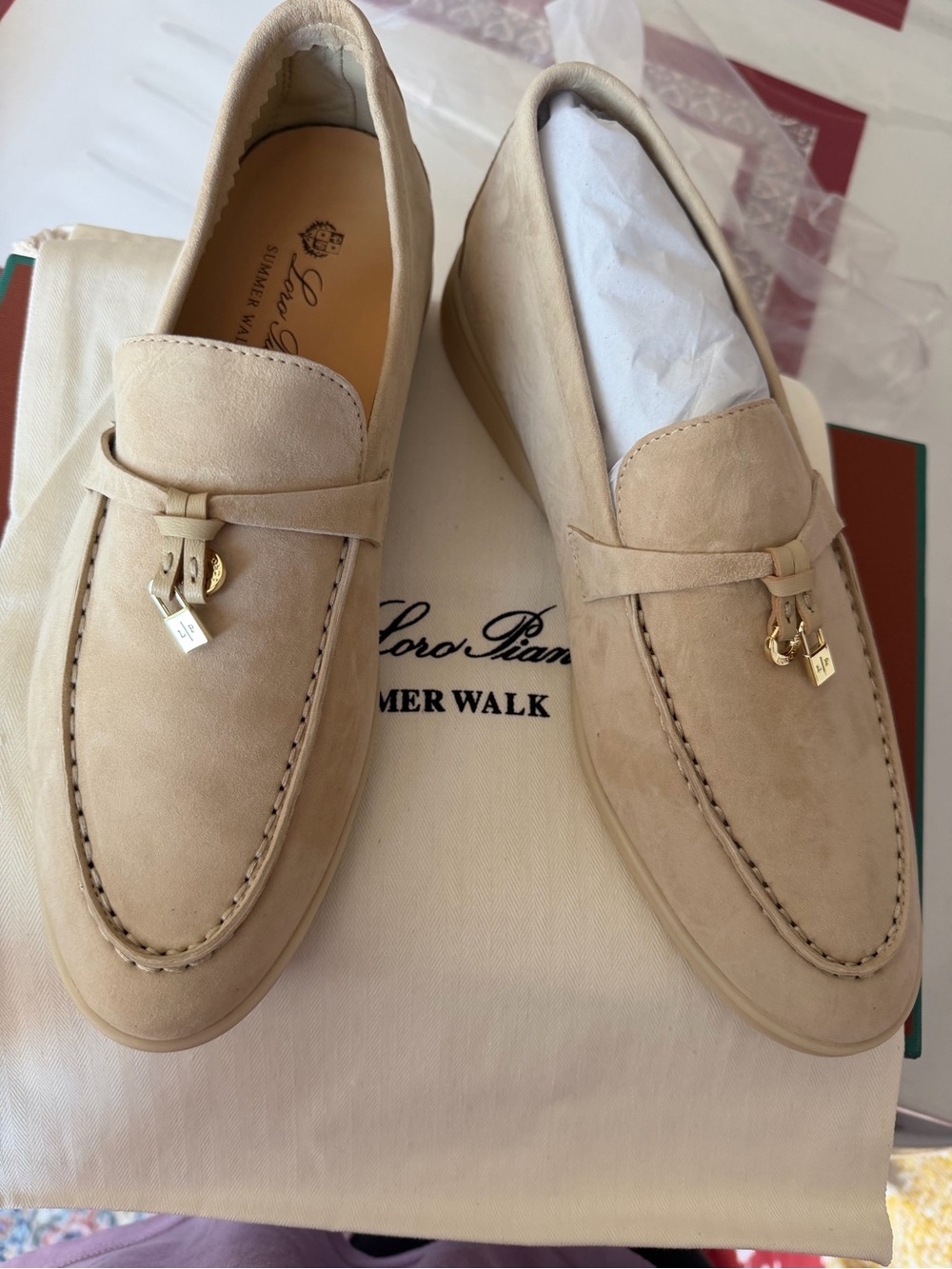 Loro Piana unisex Sand Suede Tassel Loafers with Gold Accents size women 9